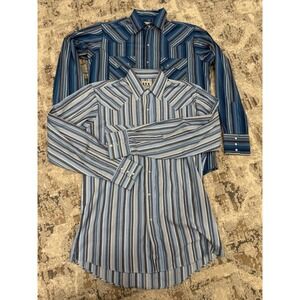 ELY CATTLEMAN Shirt Lot of 2 Men's Med Pearl Snap Long Sleeve Striped Blue